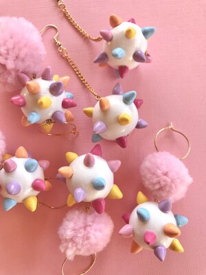 Confetti Spike Ball Earrings, Colorful Spike Pom earrings, pastel goth earrings, kawaii earrings, kawaii jewelry, cute earrings, pink - image1